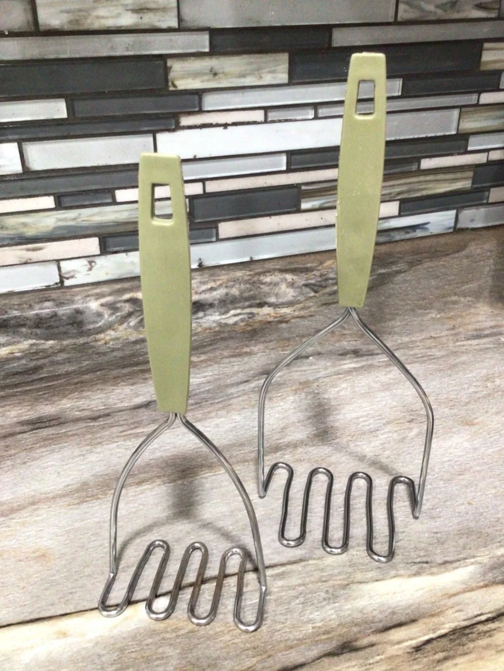 Vintage Green Handle Potato Mashers Set of 2 Stainless Steel Kitchen Utensils.